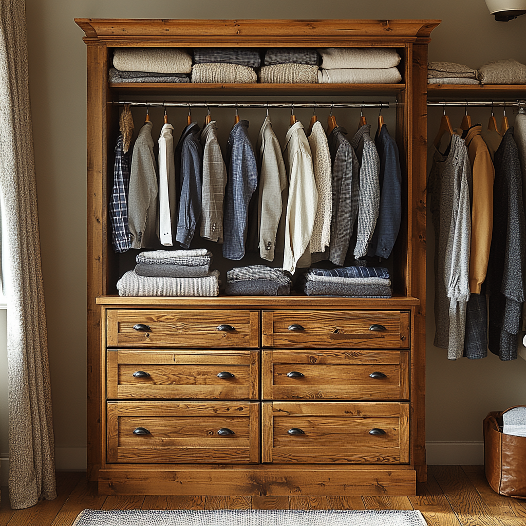 A wide, tall closet with drawers and shelves.