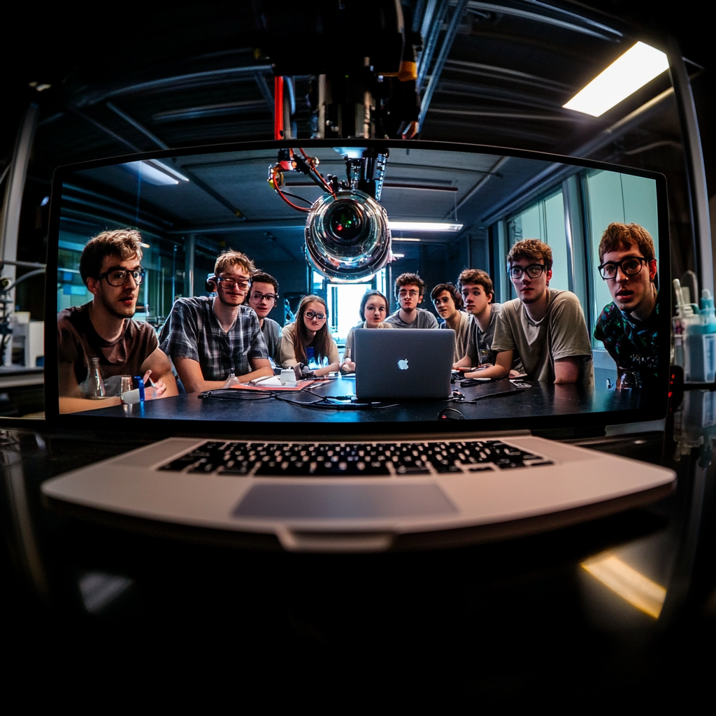 A wide lens photo of students in lab with laptop.