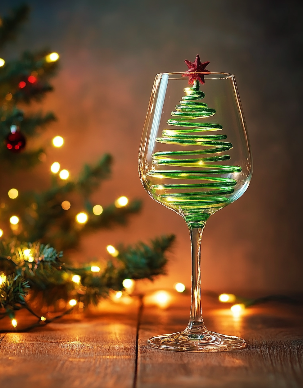 A wine glass with Christmas tree stem, festive background