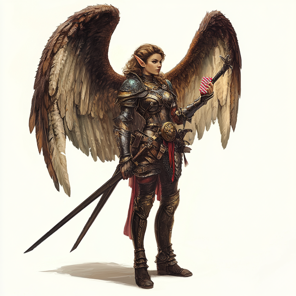 A winged warrior with sword wearing armor holding candy.