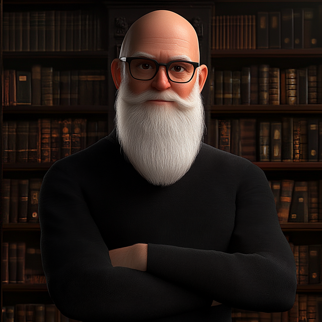 A wise man in a library portrait.