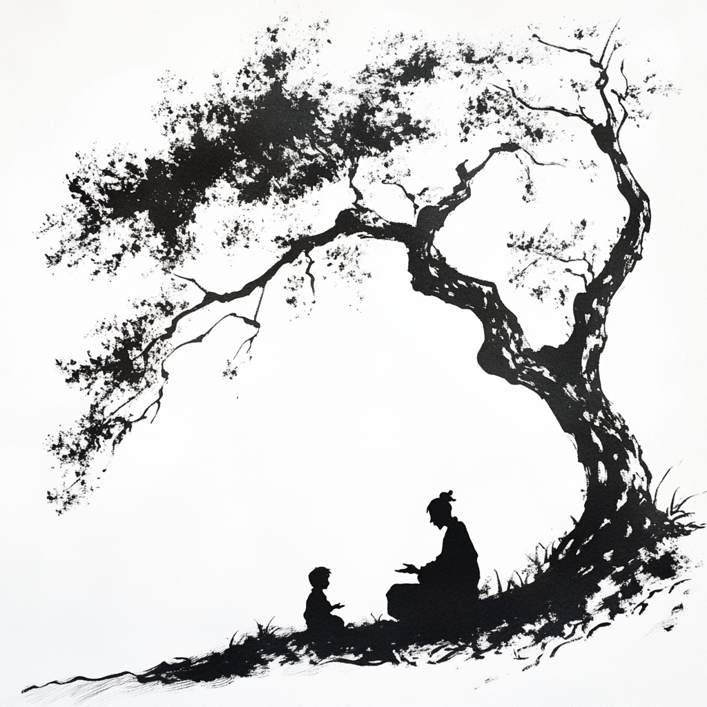 A wise sage and child under old tree