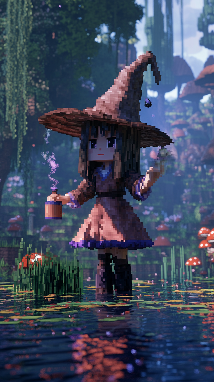 A witch Alex in Minecraft swamp with potion.