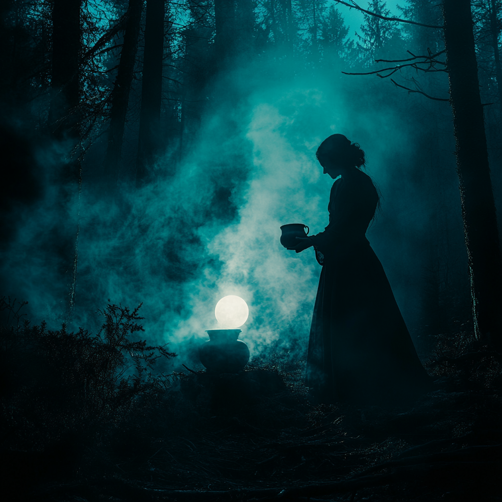 A witch brewing potion in dark forest with mist.