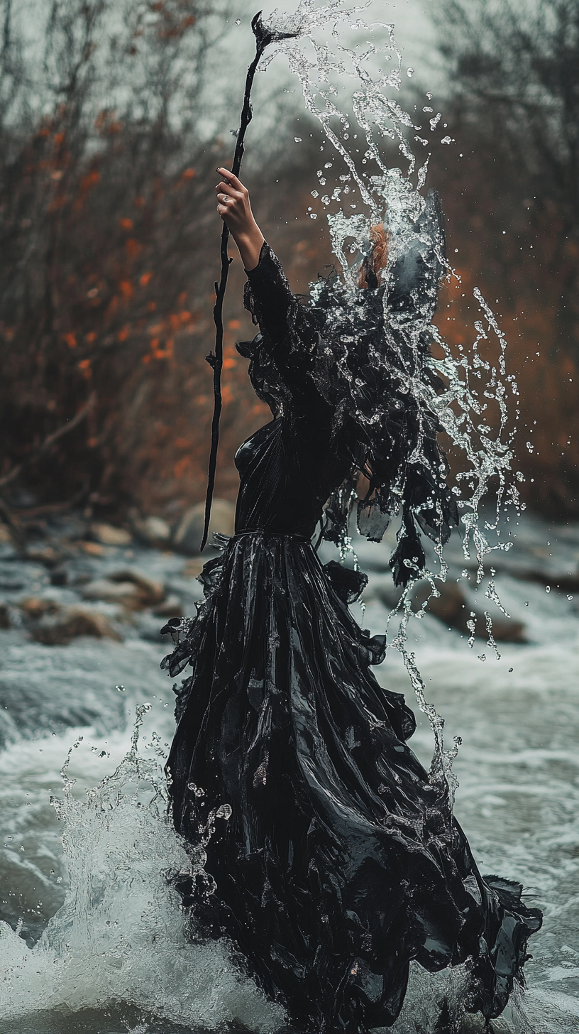 A witch rising from purple and white lake.