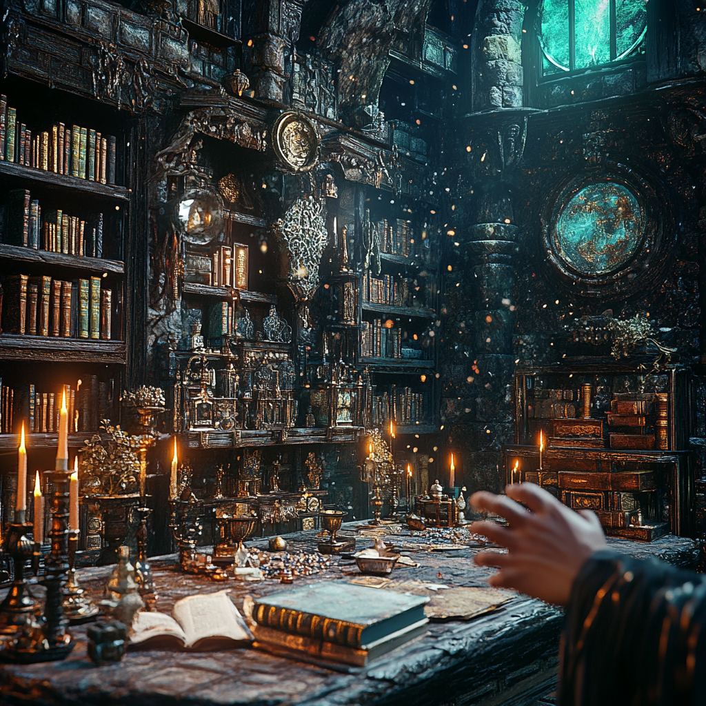 A wizard creating a spell in a magical room.