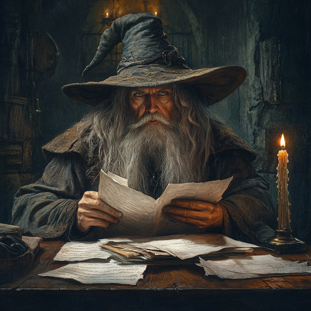 A wizard looking stressed in dusty room