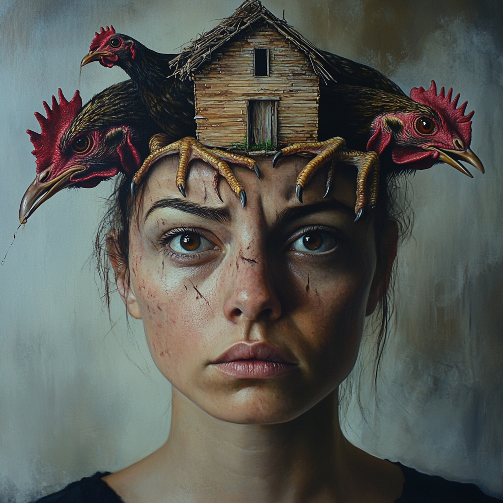 A woman's face with chicken feet house above.