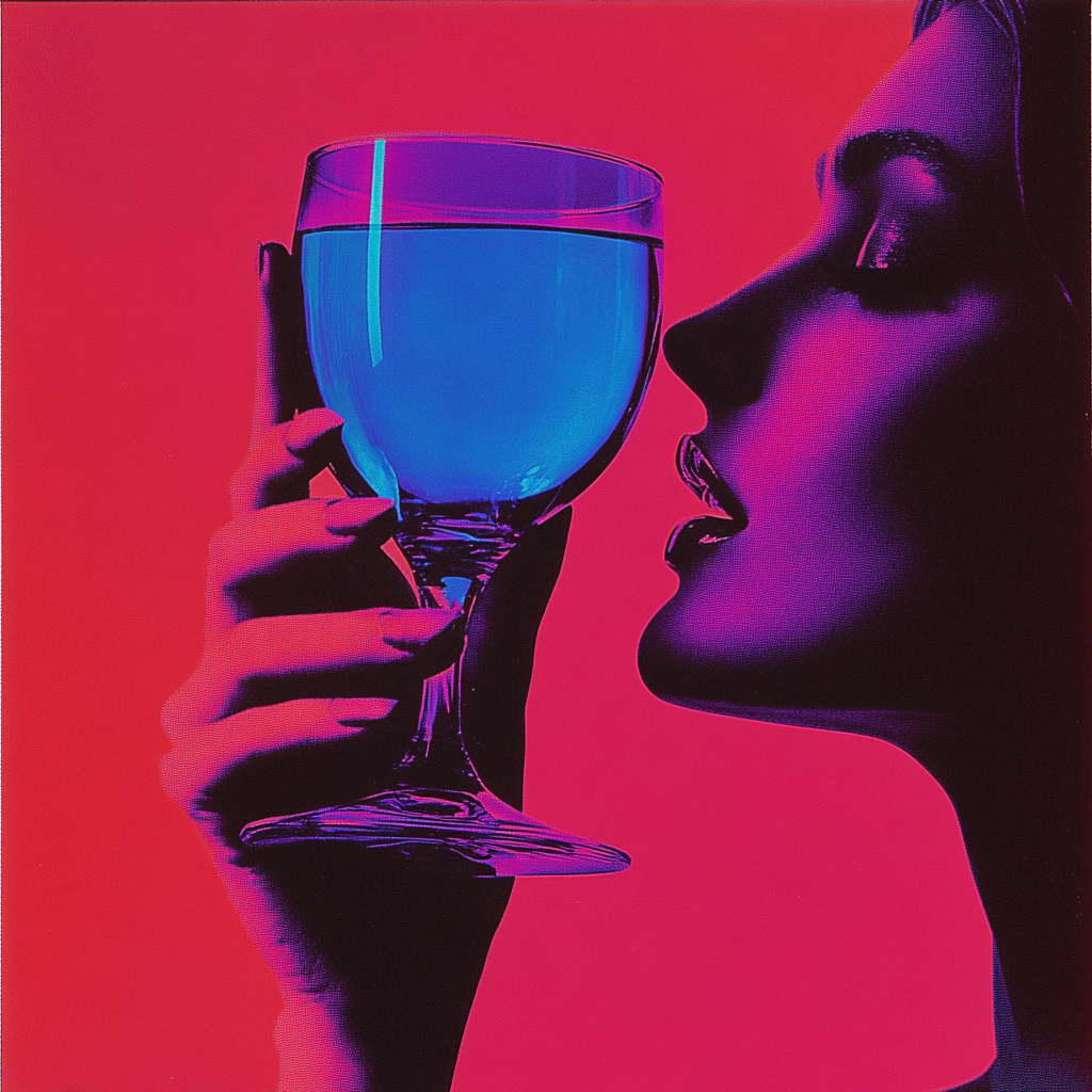 A woman's hand holds blue glass, colorful Andy Warhol-style