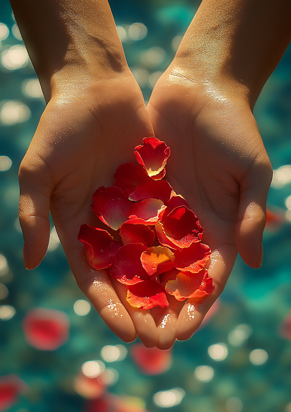 A woman's hand throws rose petals to man.