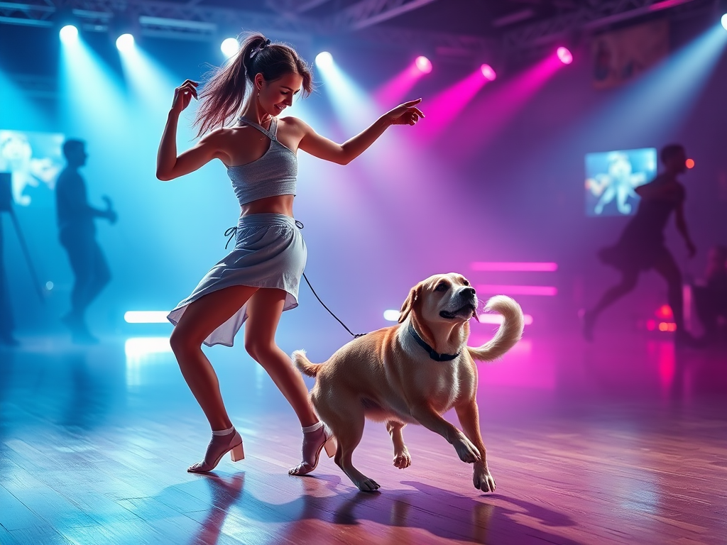 A woman and a dog dancing together gracefully.