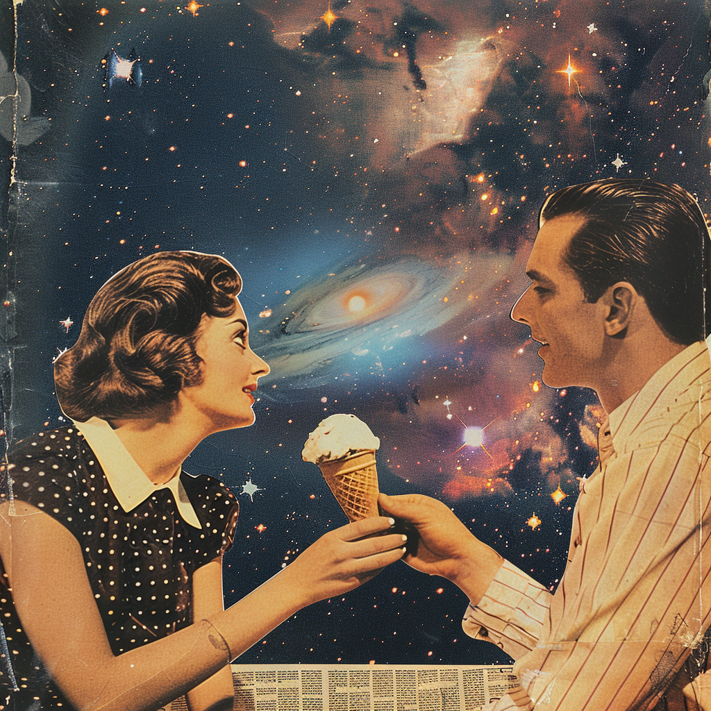 A woman and man share ice cream under stars.