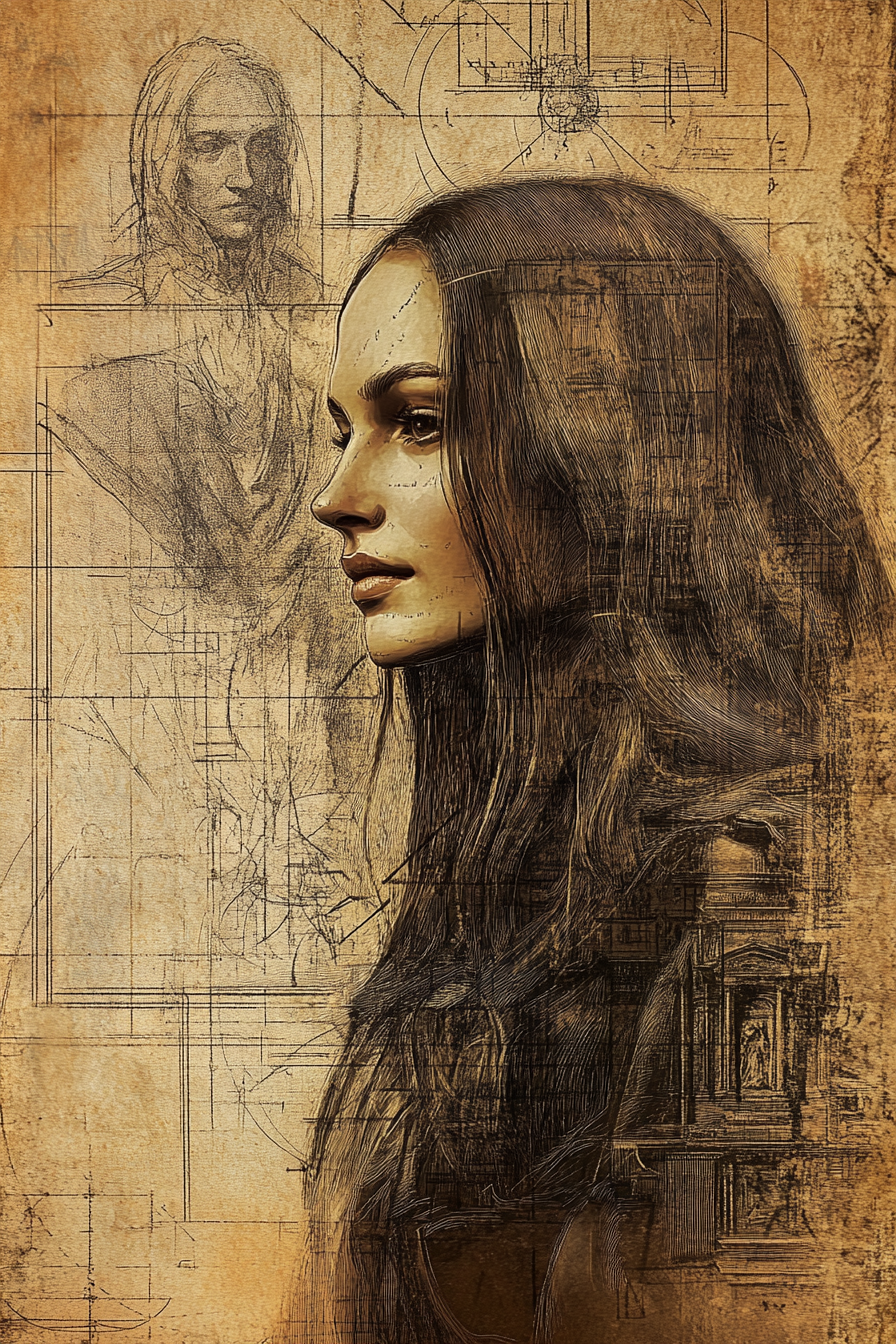 A woman combined with Leonardo da Vinci's sketch.