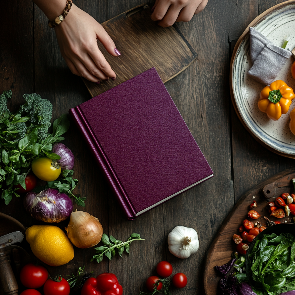 A woman cooking healthy food with a book nearby.