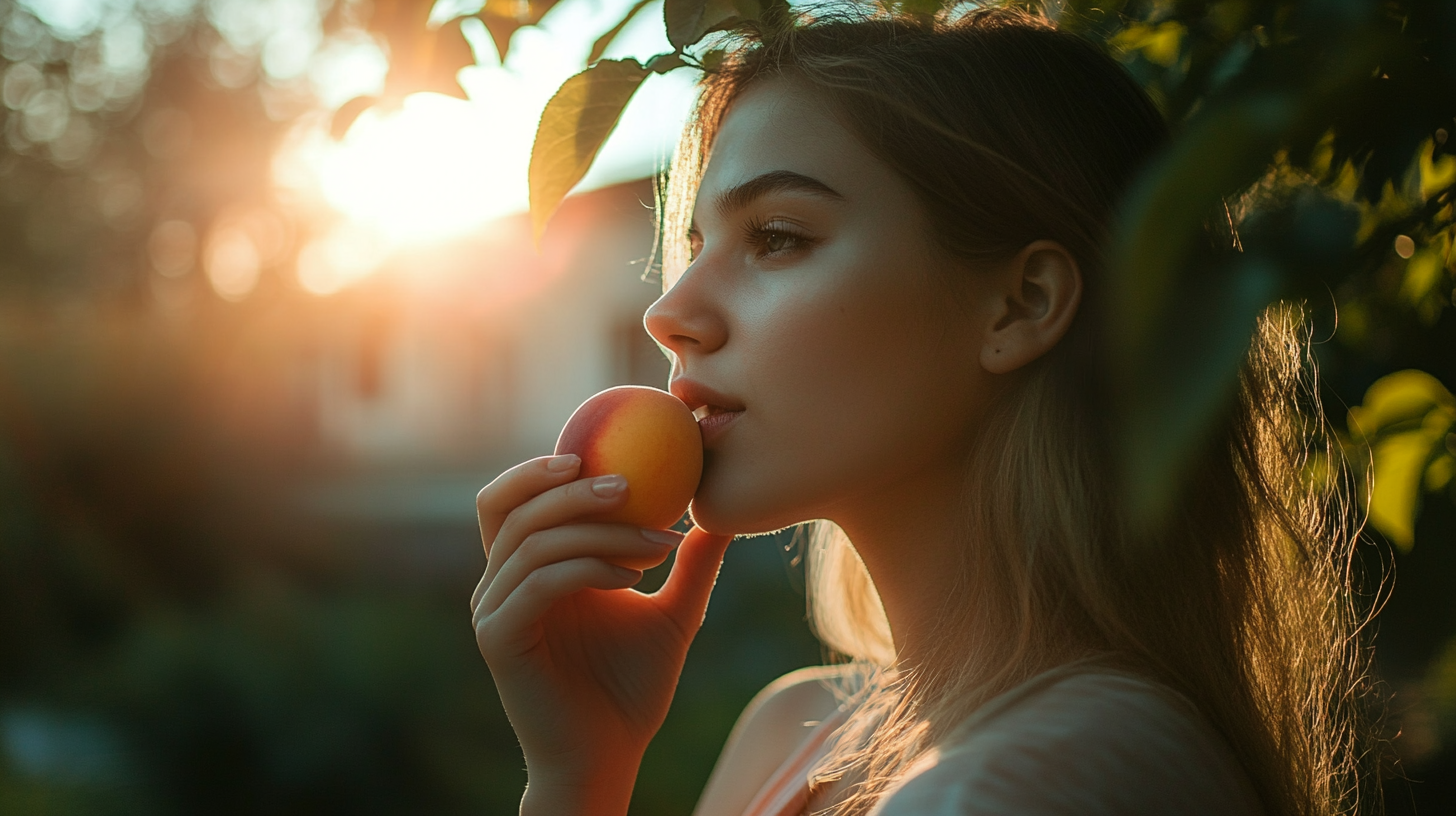 A woman eating a peach with ominous house view