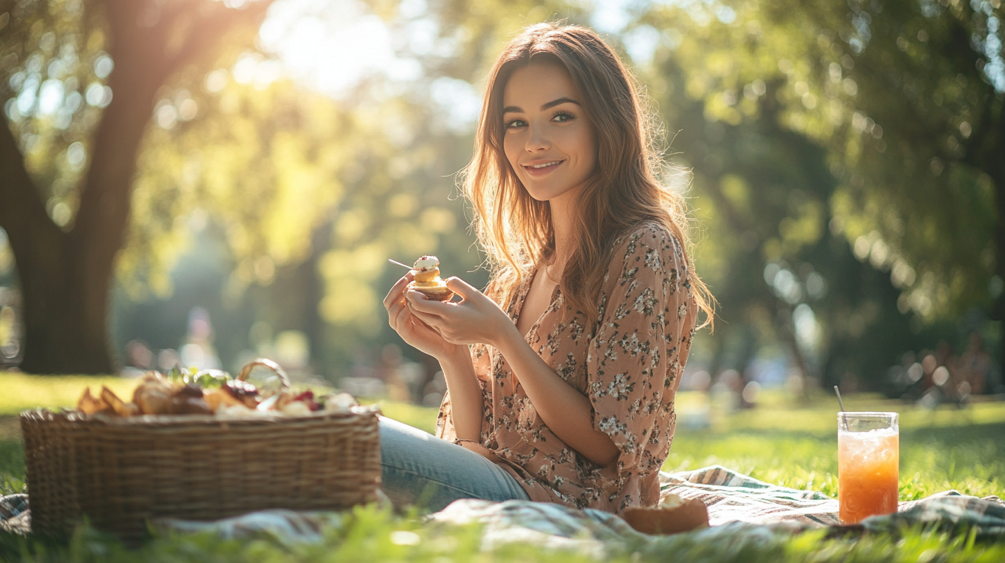 A woman eating dessert on picnic blanket in park.