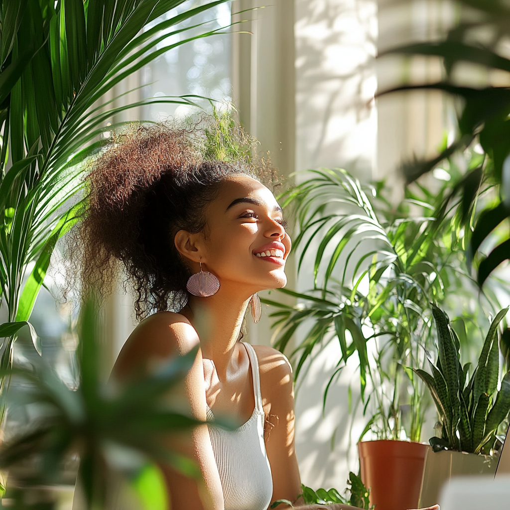 A woman excitedly looking at computer in sunny room