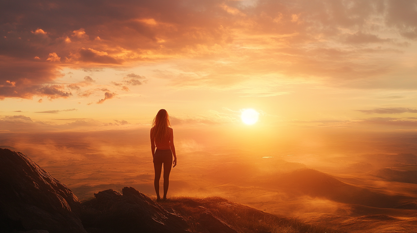 A woman gazes into distance with sunrise in landscape.