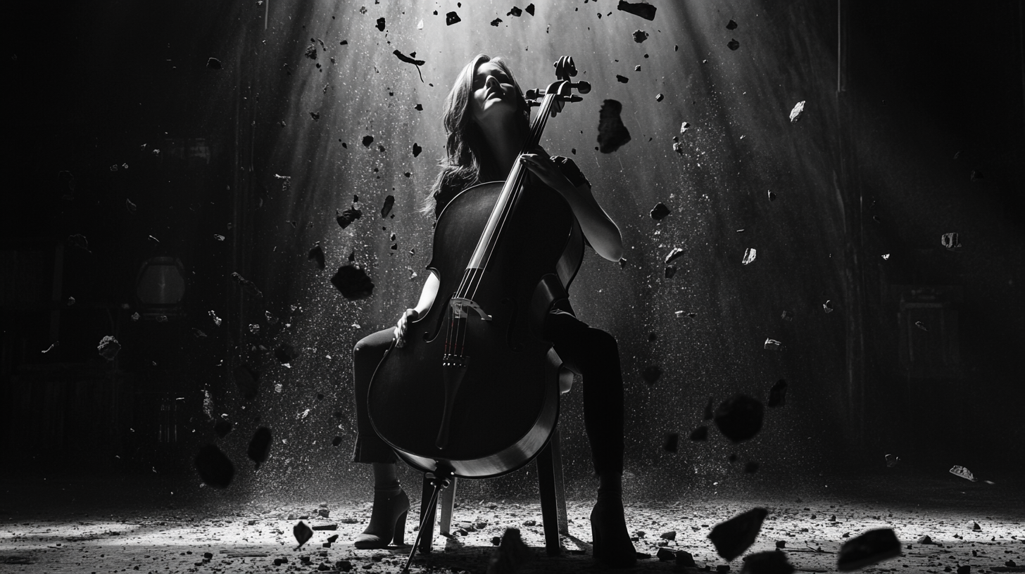 A woman holding a cello in Black and White