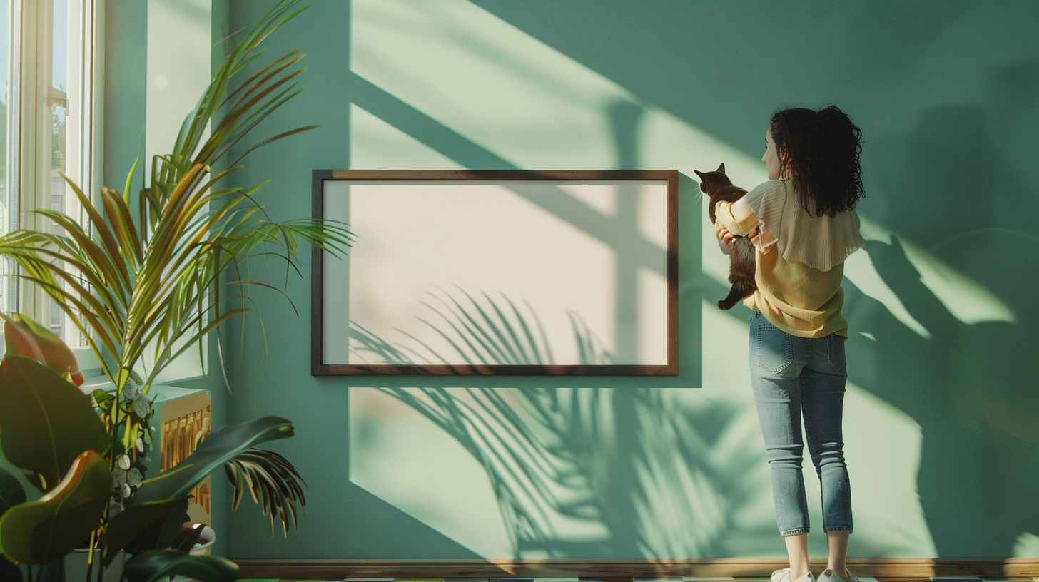 A woman holds a cat by a blank frame.