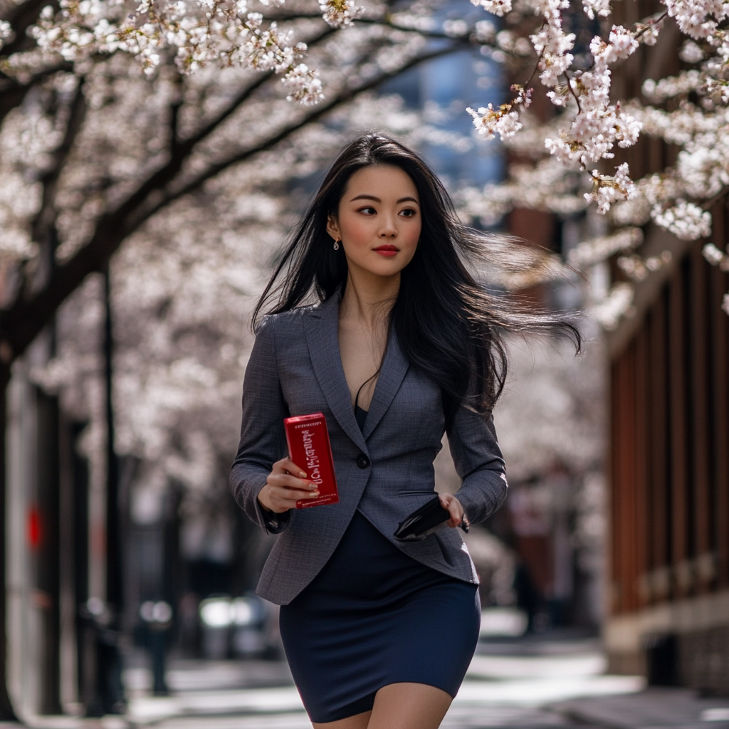 A woman in a business district with cherry blossoms.