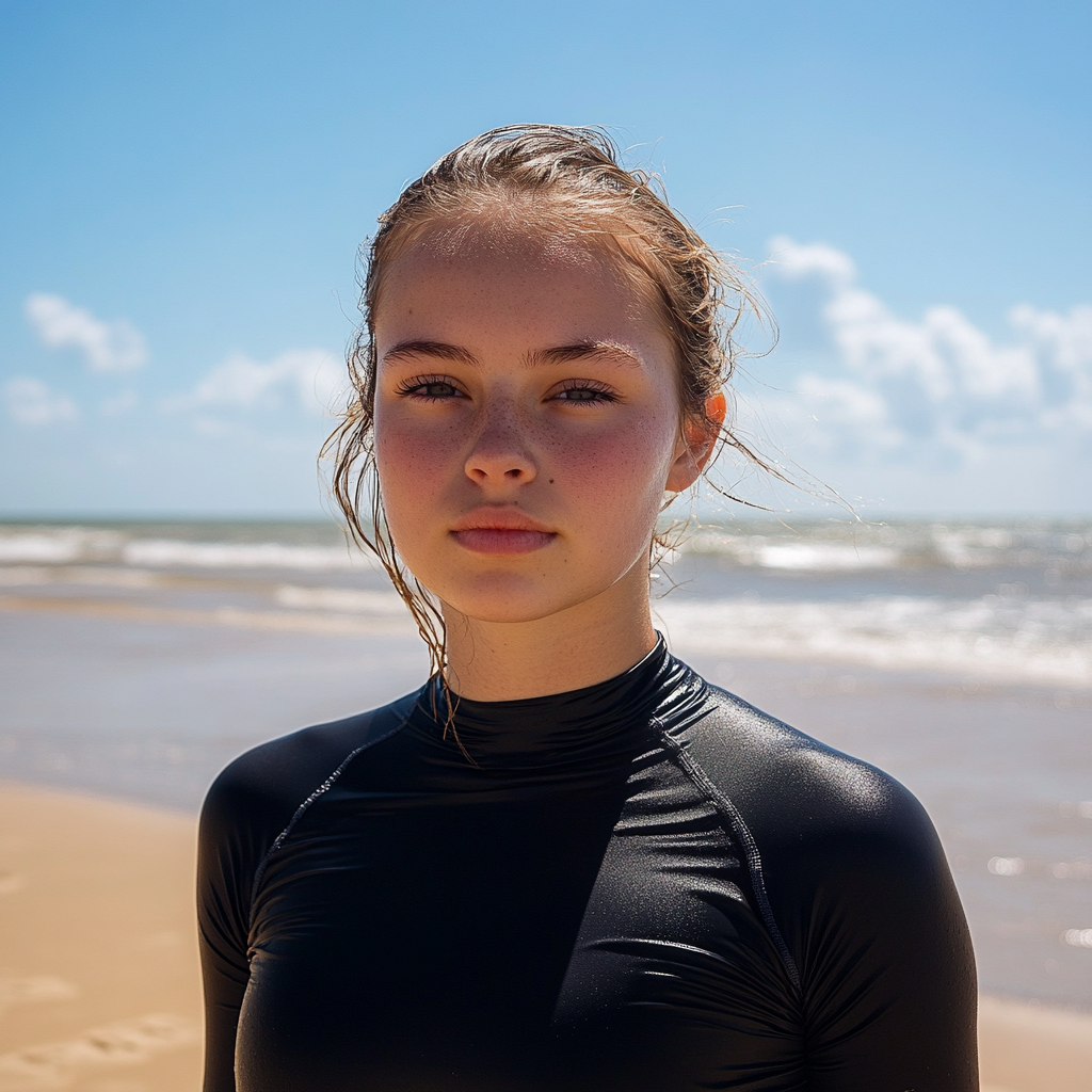 A woman in black shirt on sunny beach