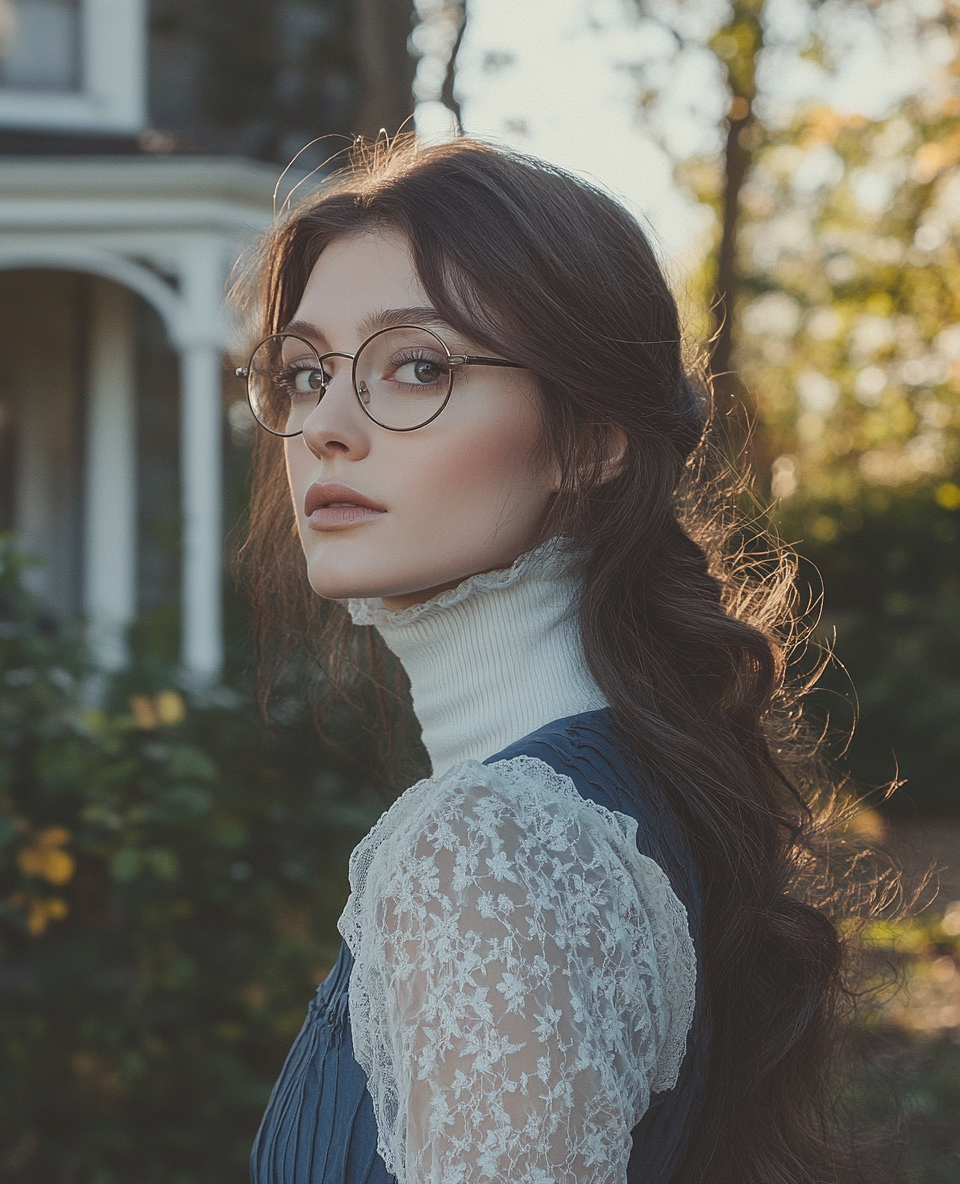 A woman in blue dress with glasses in garden