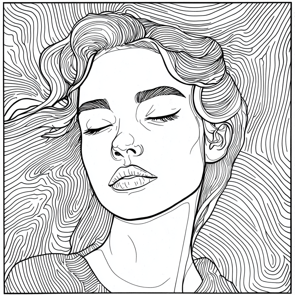 A woman in coloring book style with trippy background