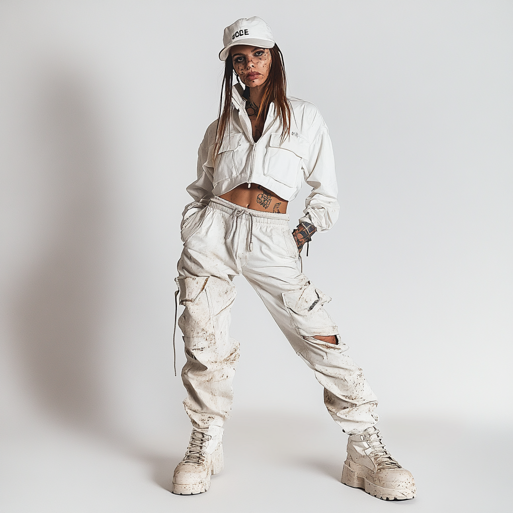 A woman in dirty clothes modeling streetwear outfit