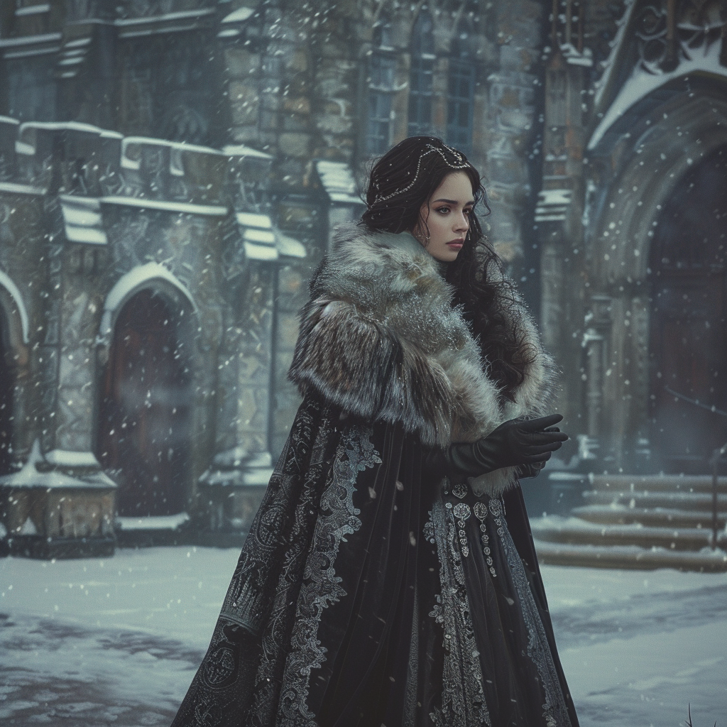 A woman in fur cloak stands in snowy castle