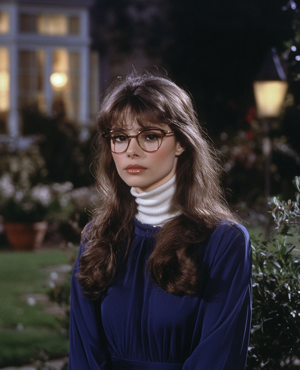 A woman in glasses in a garden at dusk