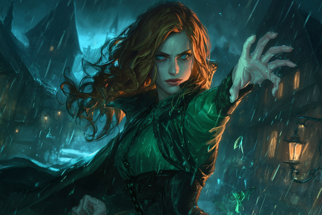 A woman in green coat in storm town art.