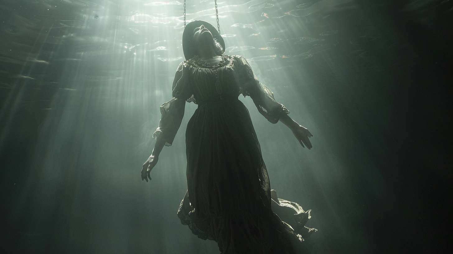 A woman in old dress floating in darkness.