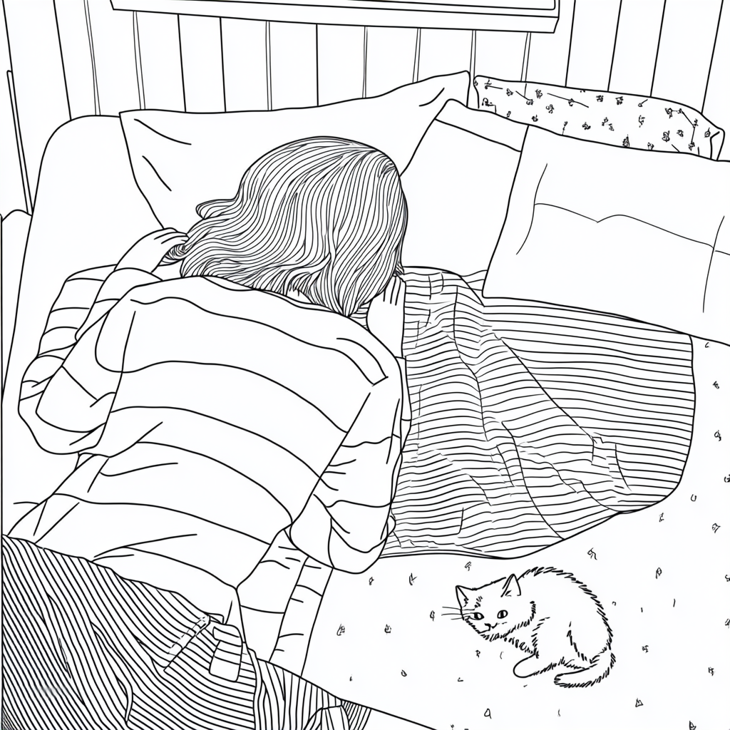 Coloring Page of woman in pajamas with her cat