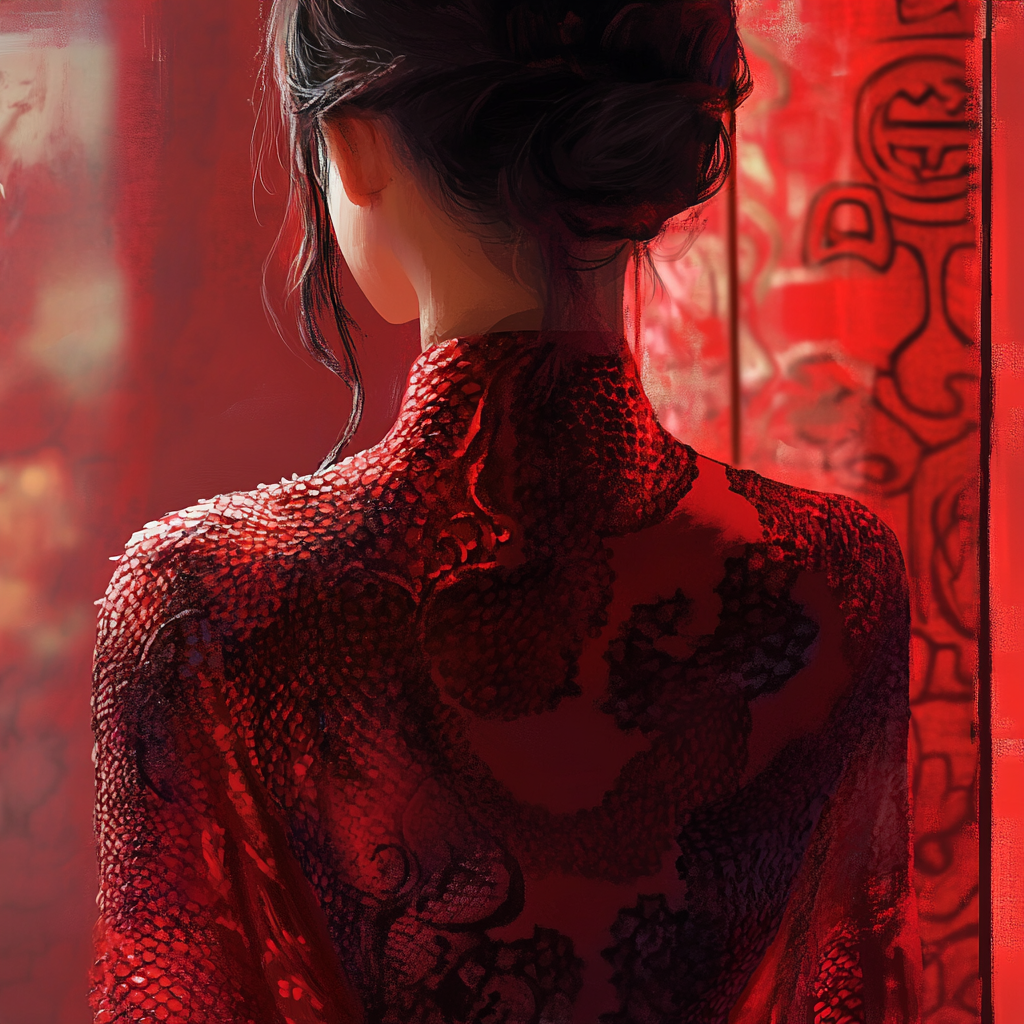 A woman in red snake-patterned clothes