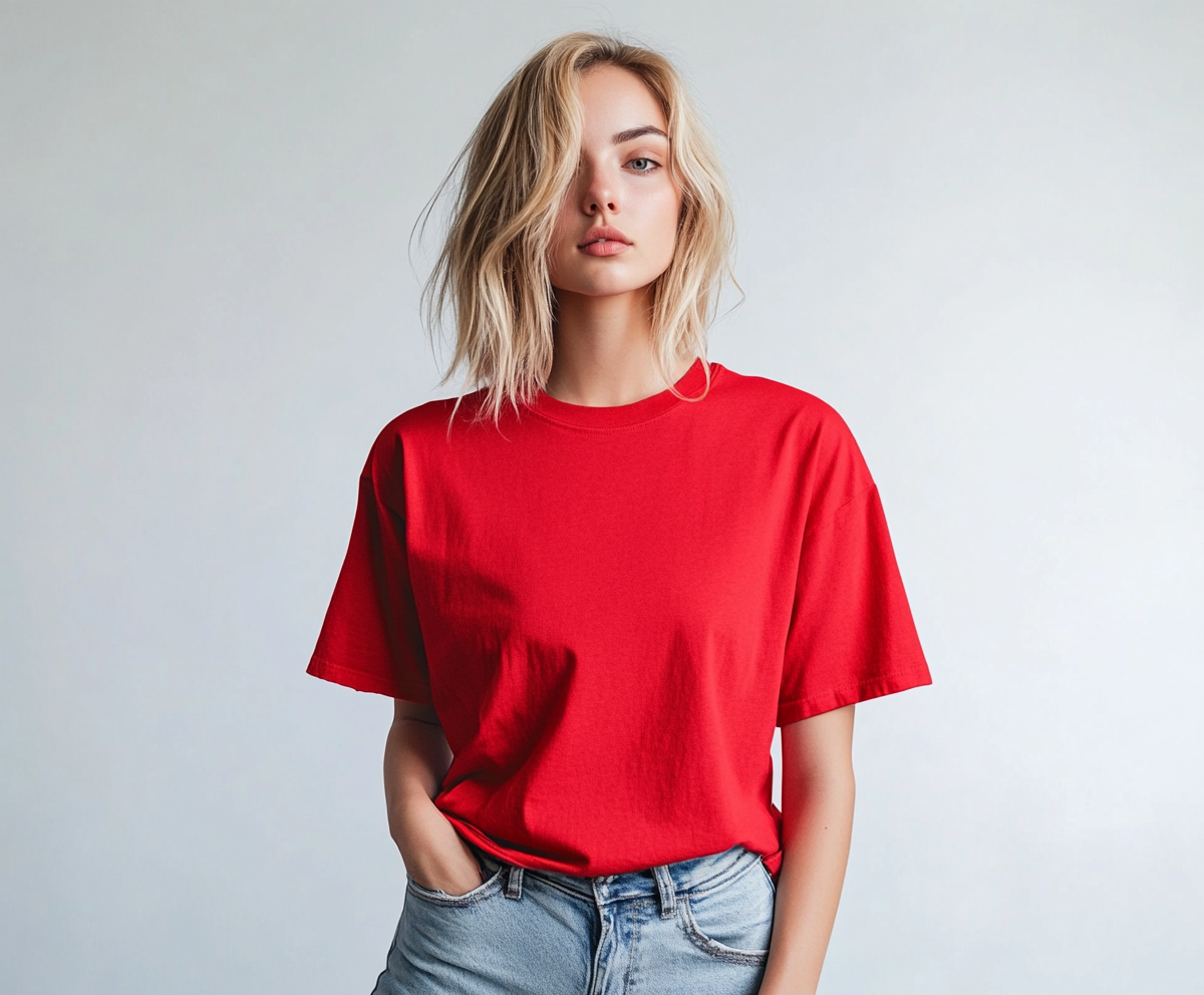 A woman in red tee and jeans.