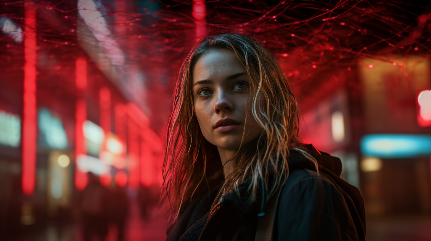 A woman in urban street at night.