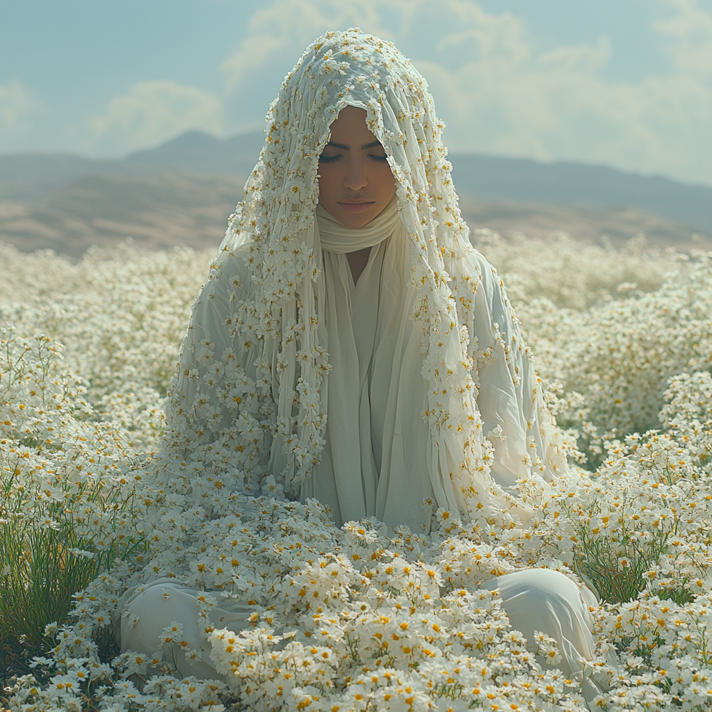 A woman in white flower dress in desert.