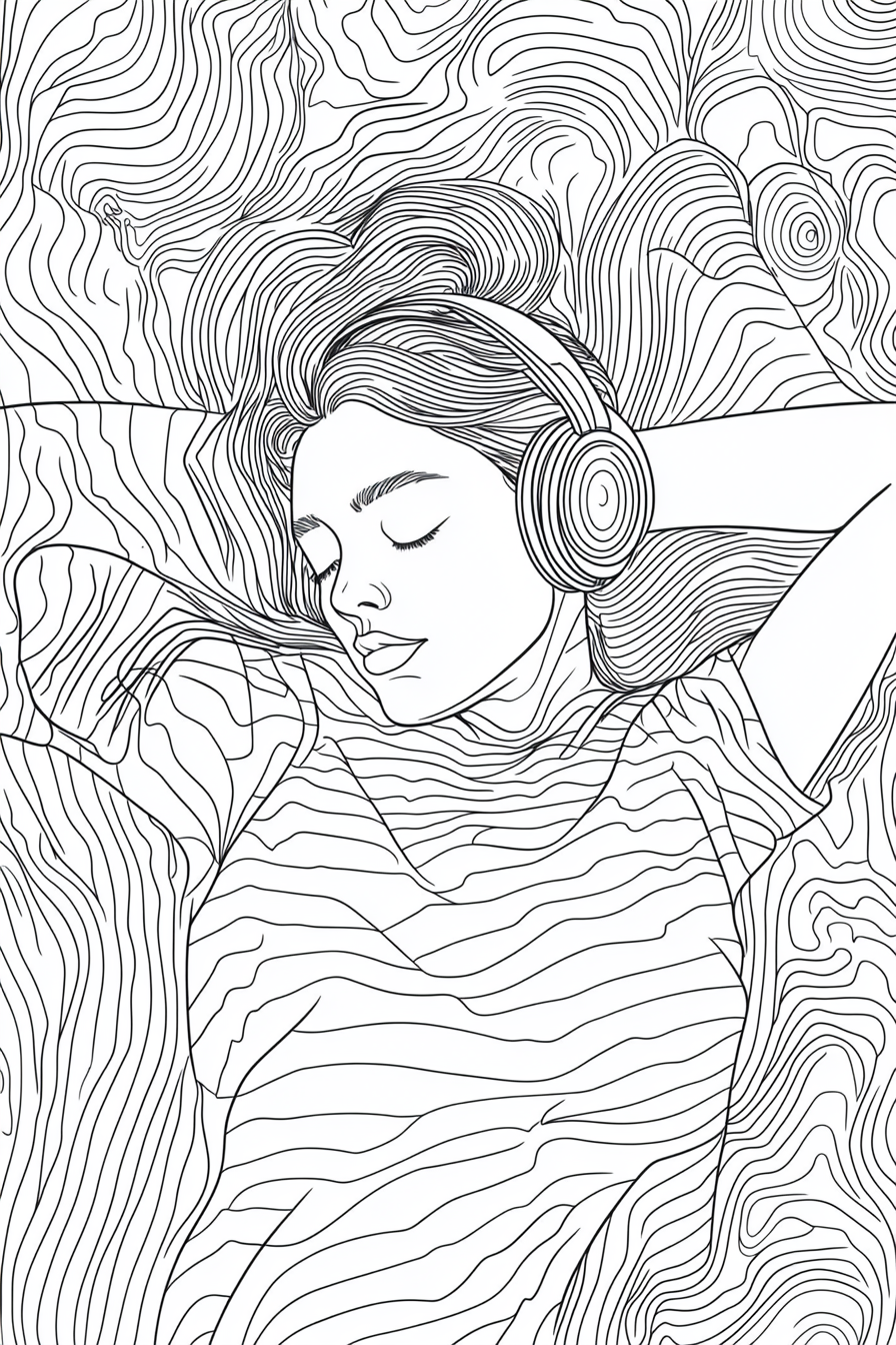 A woman listening to music in bed drawing