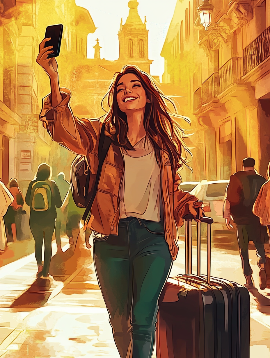 A woman live streaming, smiling at phone, dragging suitcases.