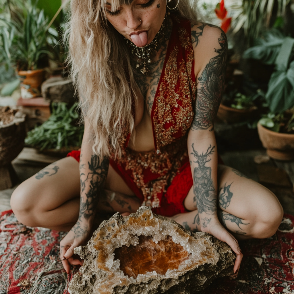 A woman meditating with tattoos sticks out tongue