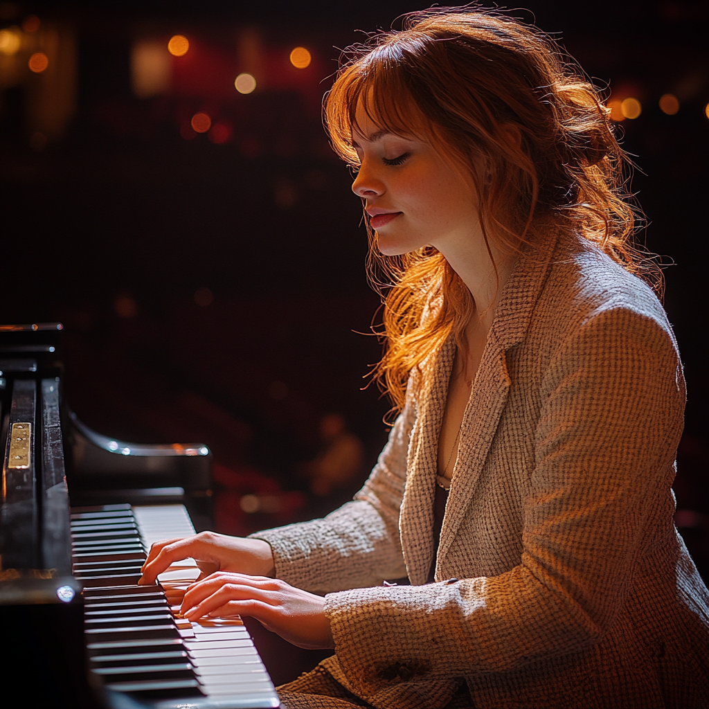 A woman playing piano with detailed natural lighting.