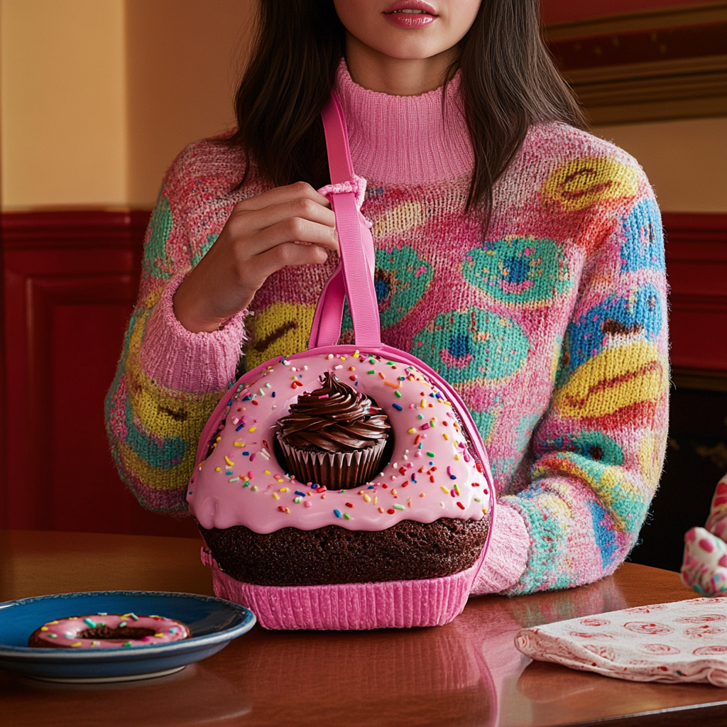 A woman pulls chocolate cupcake from cupcake purse.