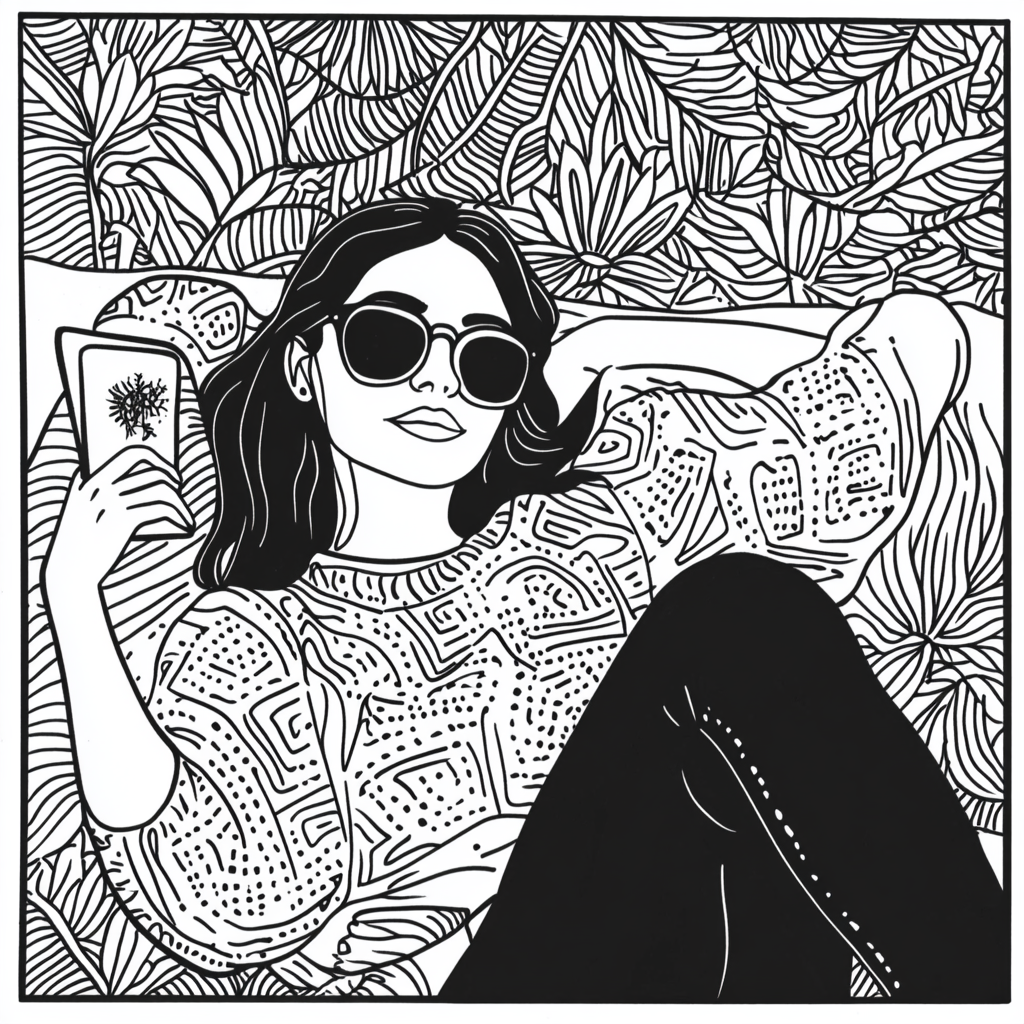 A woman relaxing in a cozy, zen coloring page