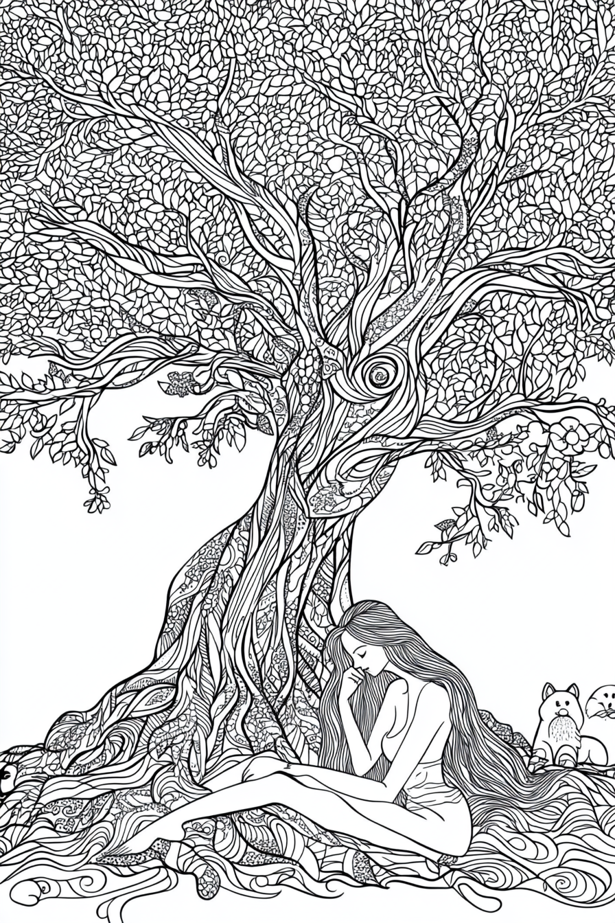 A woman resting under giant intricate nature scene