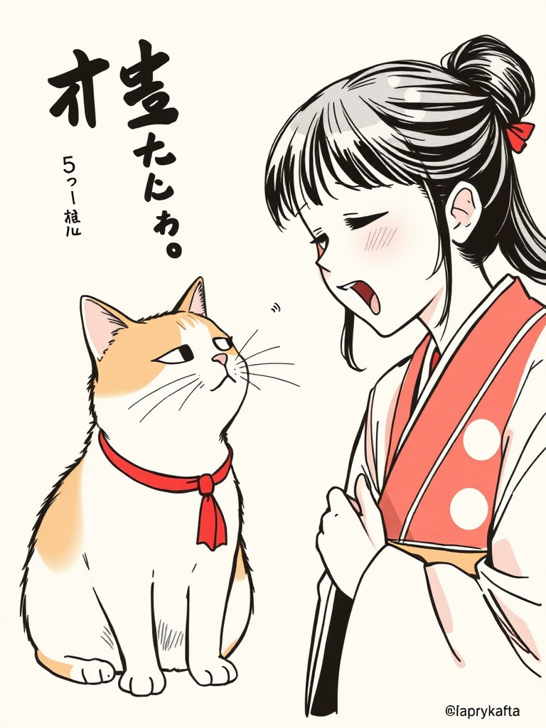 A woman scolds a confused Japanese cat.