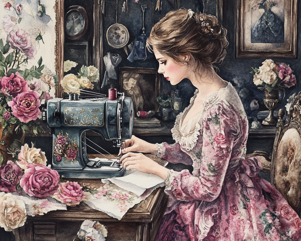 A woman sewing in a vintage studio.