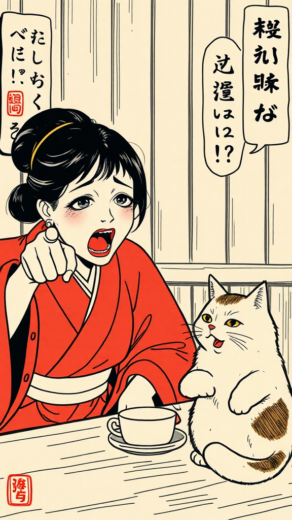 A woman shouts at cat in traditional Japanese art.