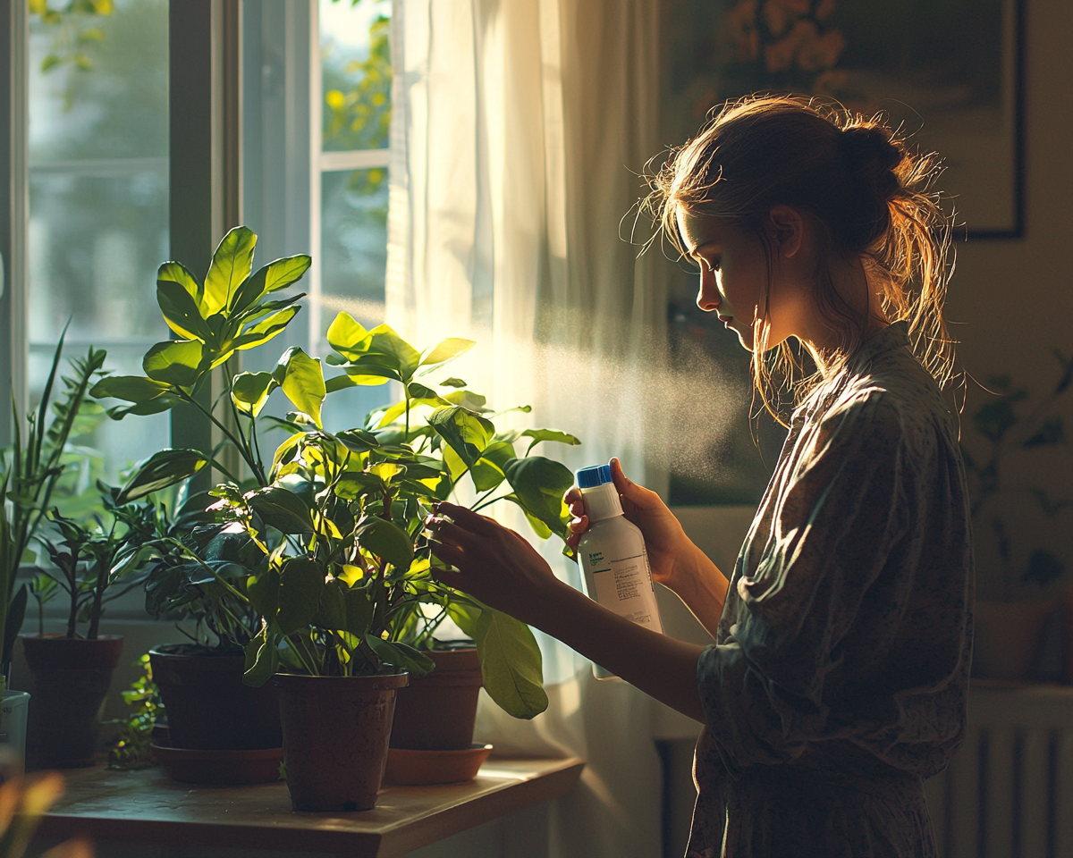 A woman spraying plant in cozy home