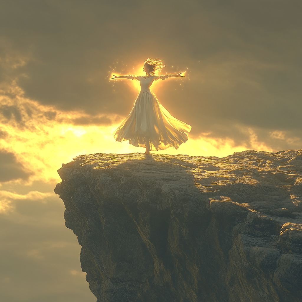 A woman standing on cliff edge with arms open, glowing joyfully.